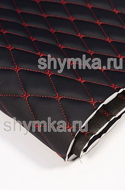 Экокожа Орегон на поролоне 10мм на черном 
спанбонде 60г/кв.м ЧЕРНАЯ стеганная КРАСНОЙ №1113
ниткой РОМБ ДЕКОРАТИВНЫЙ 45х45мм