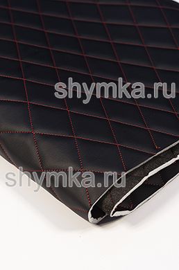 Eco leather Oregon on foam rubber 5mm and black spunbond 60g/sq.m BLACK quilted with RED №327 thread RHOMBUS 45x45mm width 1,4m