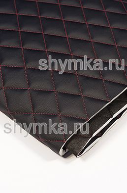 Eco leather Oregon on foam rubber 10mm and black spunbond 60g/sq.m BLACK quilted with RED №4110 thread RHOMBUS 45x45mm width 1,4m