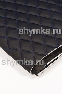 Eco leather Oregon on foam rubber 10mm and black spunbond 60g/sq.m BLACK quilted with BLUE №324 thread RHOMBUS 45x45mm width 1,4m