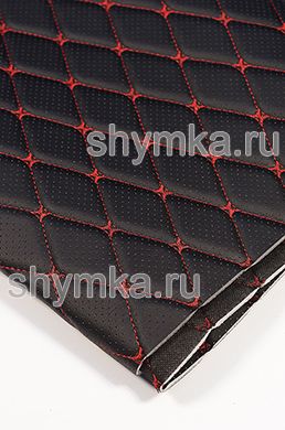 Экокожа Орегон ПЕРФОРАЦИЯ на поролоне 5мм
на черном спанбонде 60г/кв.м ЧЕРНАЯ стеганная
КРАСНОЙ №1113 ниткой РОМБ ДЕКОРАТИВНЫЙ 45х45мм
