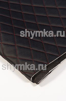 Eco leather Oregon WITH PERFORATION on foam rubber 5mm and black spunbond 60g/sq.m BLACK quilted with RED №327 thread RHOMBUS 45x45mm width 1,4m