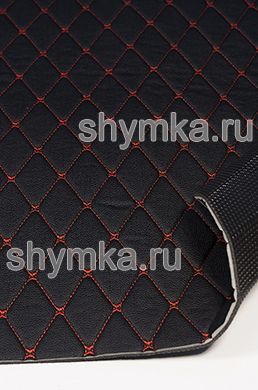 Ковролин СТЕЖКА Ромб ДЕКОР 45х45мм КРАСНОЙ ниткой по ЧЕРНОЙ винилискоже на поролоне 3мм + НПЭ 3мм с черной ПЭТ подложкой ширина 1,5м