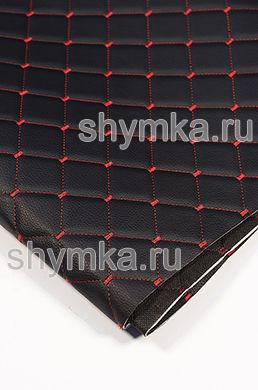 Винилискожа PVC-0,8 на поролоне 3мм 
на черном спанбонде 60г/кв.м ЧЕРНАЯ стеганная 
КРАСНОЙ №1113 ниткой КВАДРАТ НЕО 35х35мм