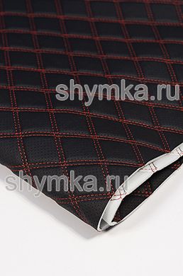 Винилискожа ПВХ-0,8 с перфорацией на поролоне 5мм 
со спанбондом ЧЕРНАЯ стеганная 
КРАСНОЙ ниткой ДВОЙНОЙ РОМБ 35х35мм