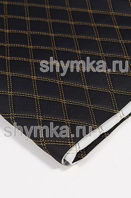 Винилискожа ПВХ-0,8 с перфорацией на поролоне 5мм 
со спанбондом ЧЕРНАЯ стеганная 
ЗОЛОТОЙ ниткой ДВОЙНОЙ РОМБ 35х35мм