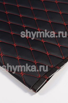 Винилискожа PVC-0,8 на поролоне 3мм 
на черном спанбонде 60г/кв.м ЧЕРНАЯ стеганная 
КРАСНОЙ ниткой РОМБ ДЕКОРАТИВНЫЙ 45х45мм